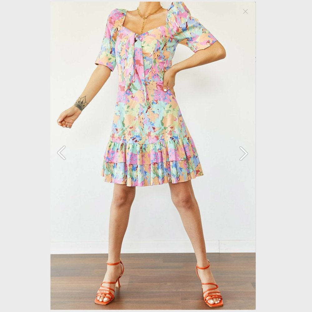 Organic Turquoise Skirt Frilly Patterned Dress - Picture 3 of 6